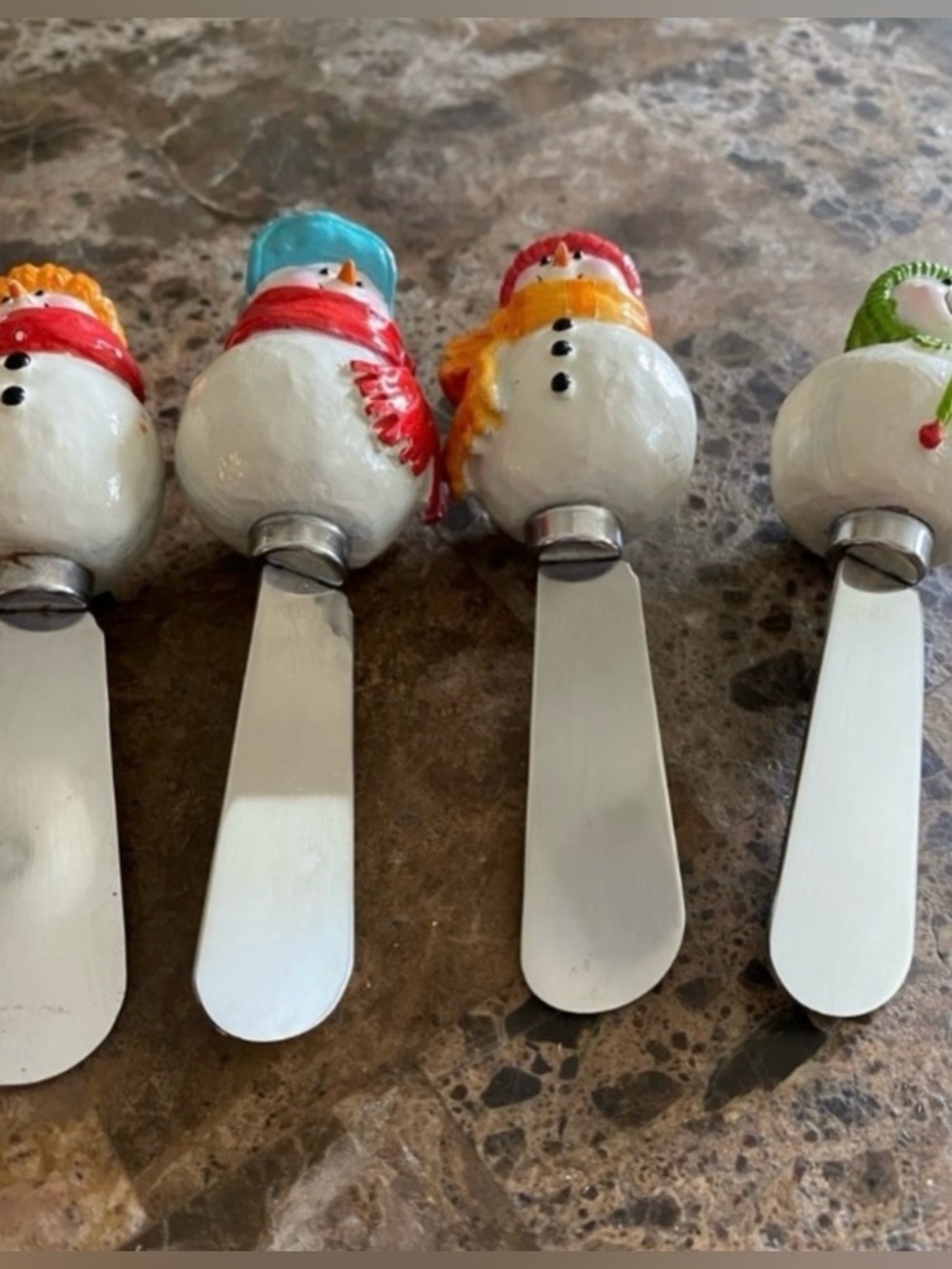 Vintage Set of Snowman Stainless Steel Spreaders with Colorful Hats and Scarves
